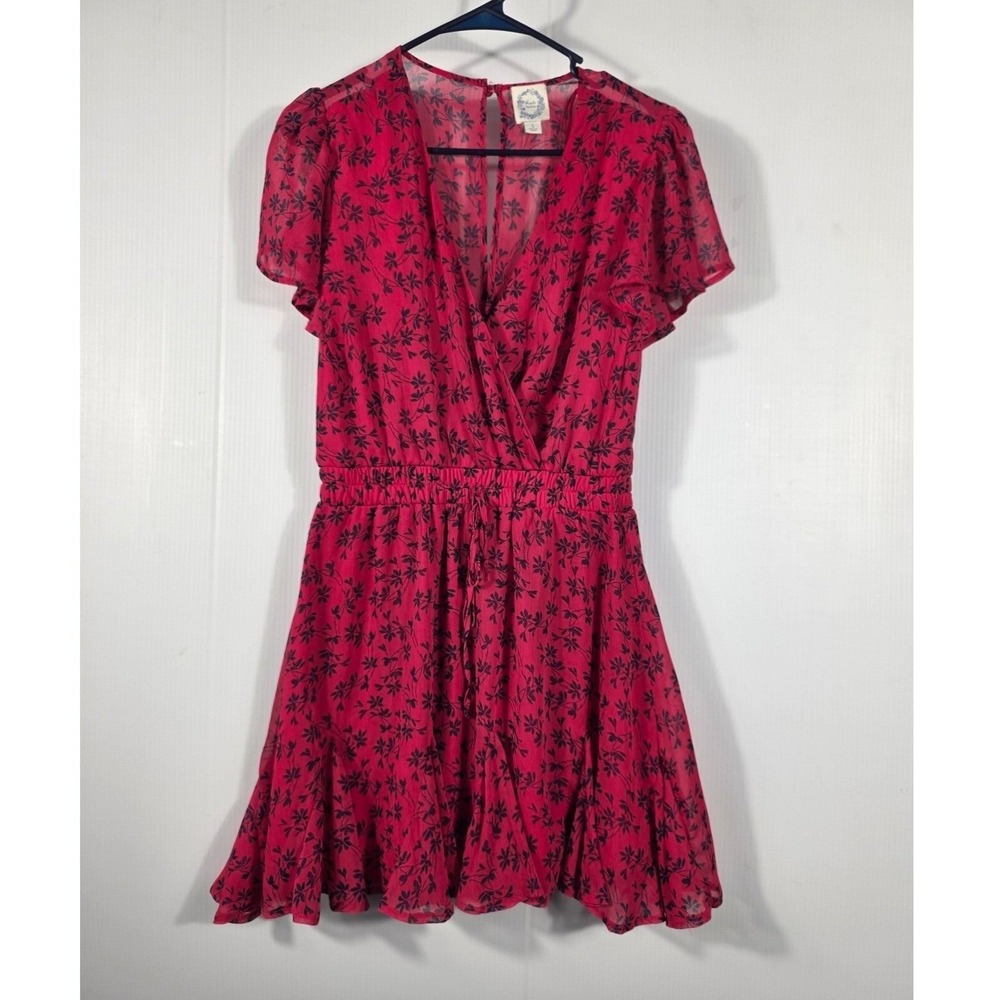 Blue Rain Red Floral Chiffon Mini Dress Short Flutter Sleeve V-Neck Small